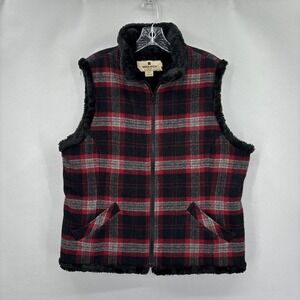 Woolrich Vest Womens Large Red Black Plaid Wool Faux Fur Lined Zip Front Pockets